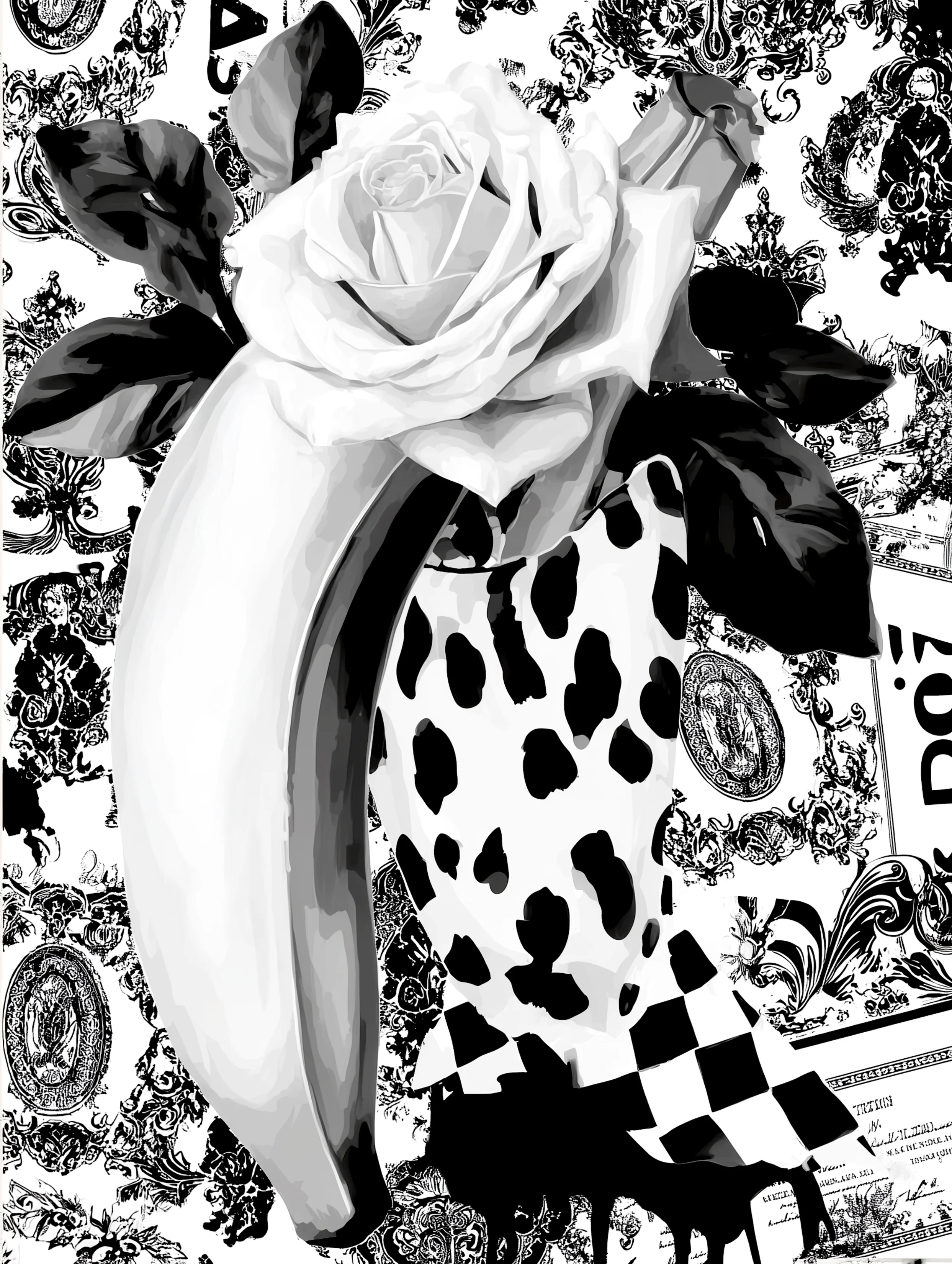 Free printable banana coloring page for adults featuring standing banana with a white rose